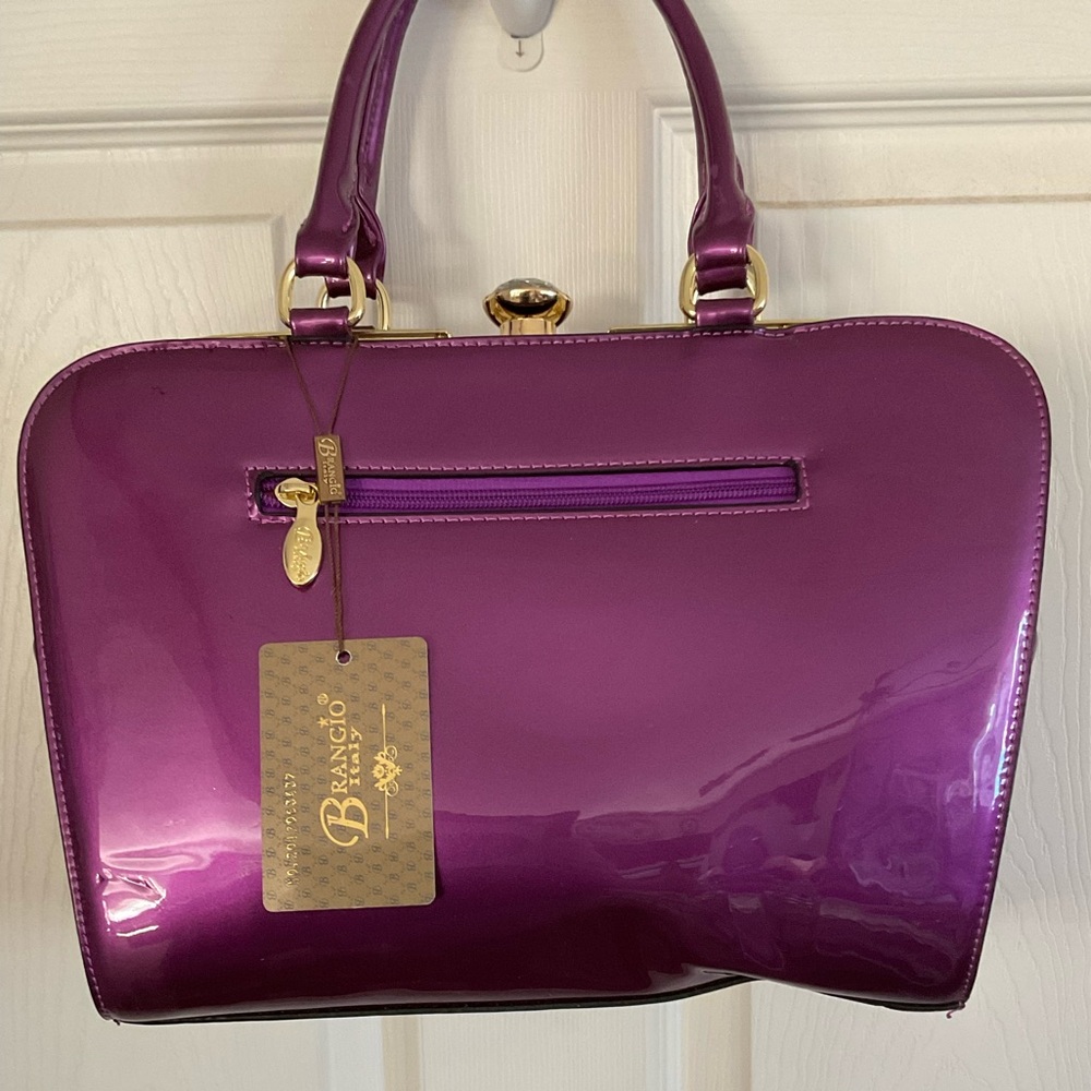 Brangio of Italy Purple Patent Leather Glam Gold Frame Rhinestone Top Handle Bag - Picture 2 of 12
